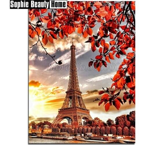 DIY Diamond Painting Cross Stitch Diamond Mosaic Needlework Crafts Tower and Red Leaf Full Diamond Embroidery Home Decor 189188