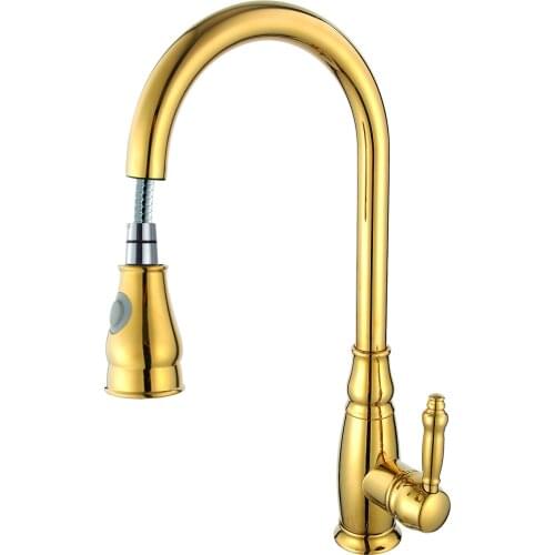 Free ship single Handle One Hole pvd gold color pull out Kitchen faucet mixer tap deck mounted