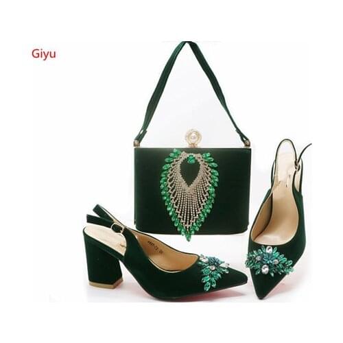Doershow hot Shoes and Bag Set African Sets 2019 green Color Italian Shoe Bag Set Decorated with Rhinestone High Quality!SGX1-18