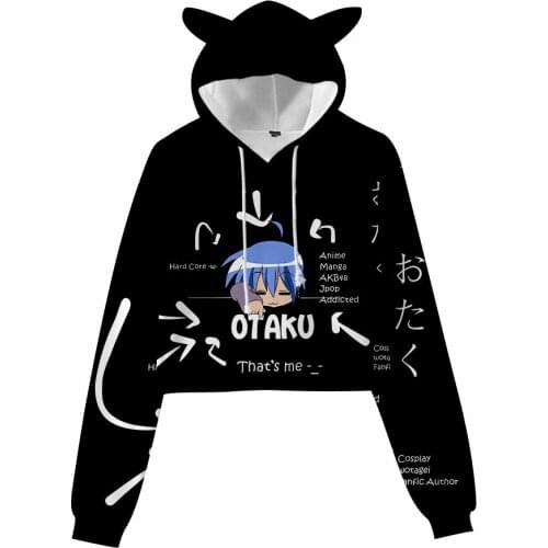 Otaku Cat Ear 3D Printing Hoody Fashion Streetwear Casual Cropped Pullover Hoodies Tracksuits Open Waist Hoodies