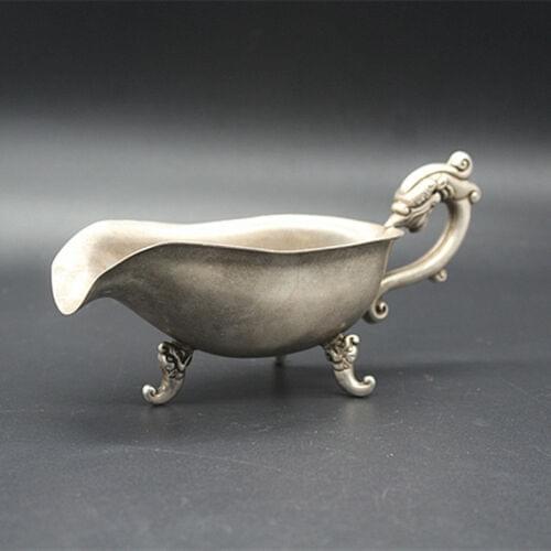 ExquisiteCollectable Tibetan Silver Copper Carved Dragon Ear Three Feet Cup Lucky Cup Statue