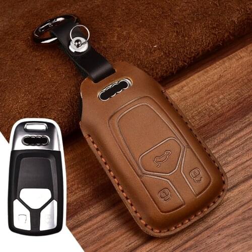 Leather Car Key Cover Case Shell Holder for Audi A4 B9 Q5 Q7 TT TTS 8S 3 Buttons smart Auto Key Ring Protect
