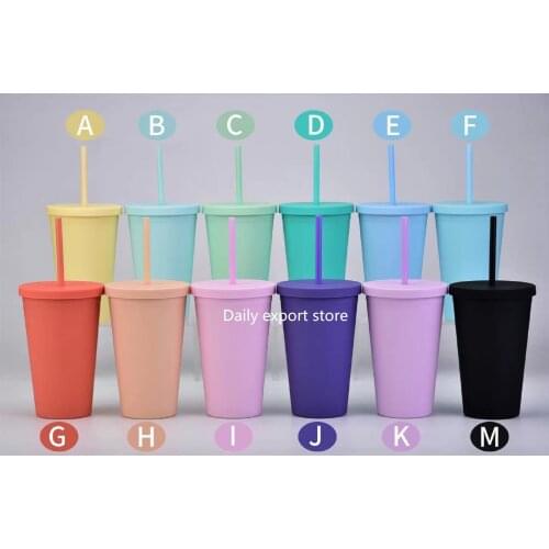 16OZ colorful Acrylic Skinny Tumblers Double Wall water bottle Tumbler Coffee Drinking Reusable Sippy Cup With Straws Lids