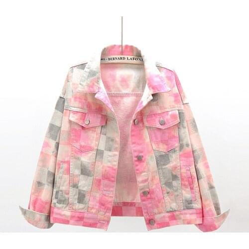 Korean Fashion Tie Dye Print Denim Jacket Coat Women Autumn Pink Yellow Student Outwear Big Size Loose Short Jeans Jacket Female