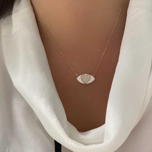Cute Lovely Evil Eye Charm With Micro Pave CZ Heart White Pink Enamel Eye Fashion Women Girl Necklace