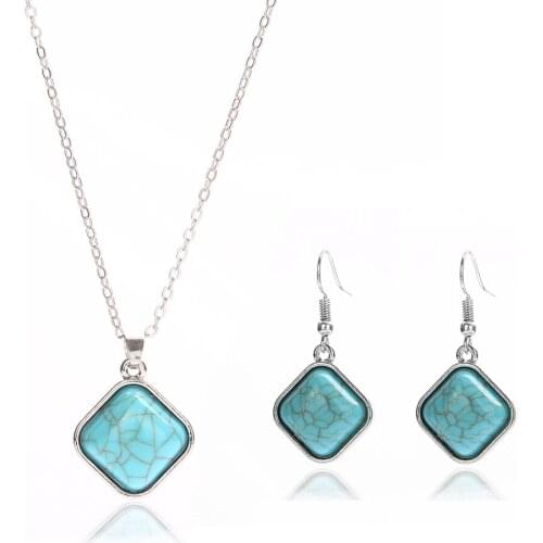 MIQIAO Silver Plated Square Turquoise Boho Turkish Pendant Collar Chains Necklace Piercing Hook Earring Jewelry Sets for Women