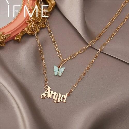 IF ME Fashion Layered Butterfly Angel Letter Pendant Necklace for Women LOVER Bohemian Chain Necklaces Resin Jewelry Party Gifts