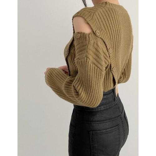 Fashion Korean womens sweater 2020 elegant little sexy button off shoulder long-sleeved knitted sweater women