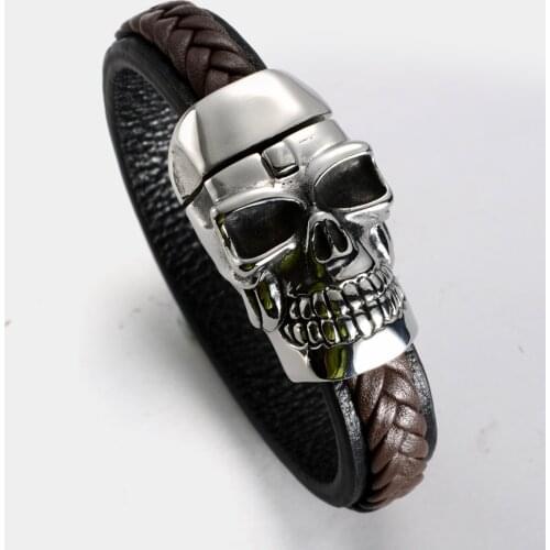 Mens stainless steel brown leather skull bracelet bangle biker jewelry gifts silver tone KL64 wholesale dropshipping 8.5"