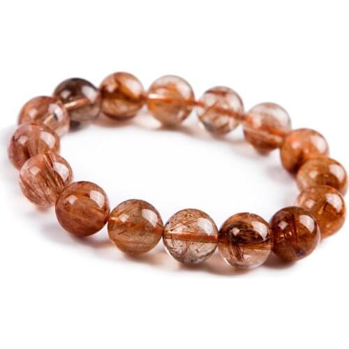 Natural Genuine Copper Needle Rutilated Quartz Crystal Mens Jewerly Stretch Bracelet 12mm