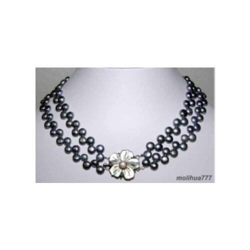 Rows Black Pearl Silver Shell Flower Clasp Necklace