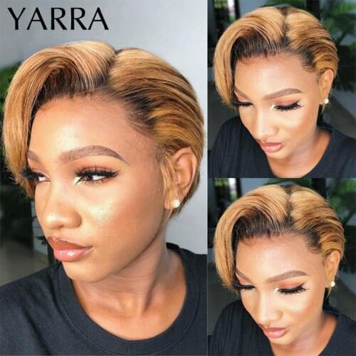 Short Straight L Part 13*6 Lace Front Wig For Black Women Pixie Cut Human Brown Blonde Ombre Remy Hair Bob Wig YARRA