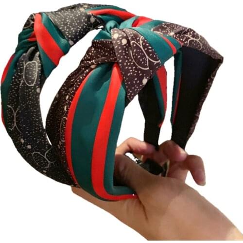 Women Girl Headband Wide Red Green Print Knot Korean Vintage Hairband Sweet Hair Accessories Head wear Wholesale Fashion New