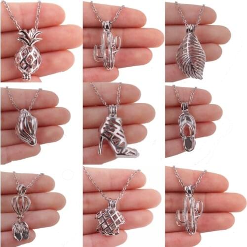 Lovely Sea Conch Cactus And Pineapple Locket Cage Pendant Necklaces Can Hold Pearl Essential Oil Women Gift Jewelry Fittings