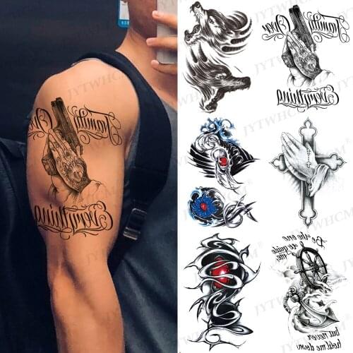 Waterproof Temporary Tattoos Sticker Gun Prayer Cross Mechanical Arm Demon Heart Tattoos Wolf Skull Totem Fake Tattoo Men Women