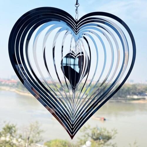 Nordic Style Stainless Steel Mirror Love Heart Metal Rotating Wind Chime Garden Metal Trimming Frame, Silver Heart Design