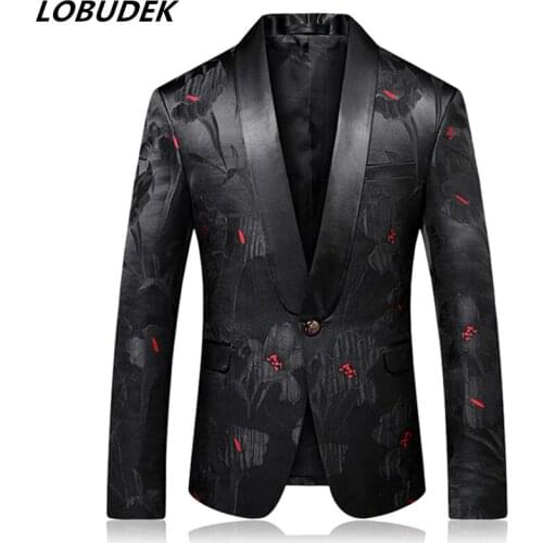 Shawl Collar Black Red Jacquard Blazer Wedding Prom Blazers For Men Suit Jacket Evening Party Host Stage Costume One Button Coat