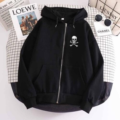 Punk Style Oversized Zipper Hoodie Cotton Zip Up Jacket Graphic Black Sweatshirt Women Skull Print Harajuku Korean Pocket Top