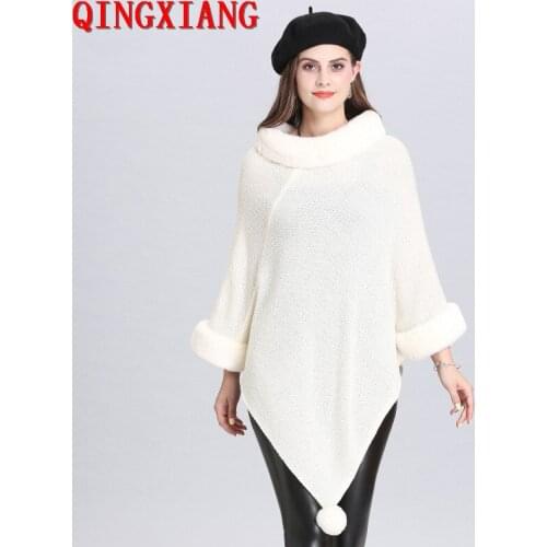 Women Cape O Neck Fur Poncho 2019 Autumn Winter Cloak Knitted Triangle Sweater Plus Size Fur Ball Pullover Coat With Long Sleeve