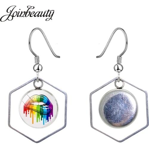 JOINBEAUTY LGBT Rainbow Color Lips Pattern Polygon Sexy Drop Earrings Round Glass Handmade Dome Lesbian Dangle Earrings BT01