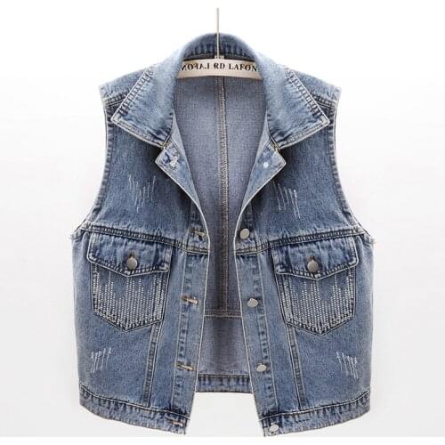 Autumn Korean Diamond Big Pocket Frayed Denim Vest Women Wash Blue Waistcoat Sleeveless Jacket Coat Slim Short Jeans Vest Female