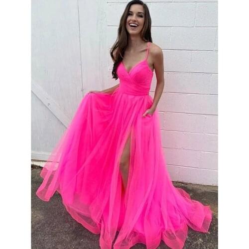 Fuchsia Tulle Elegant Prom Dresses 2020 Spaghetti Strap Slit Corset Girls Long Graduation Gowns Women Formal Evening Dress