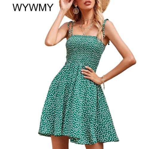2021 New Summer Polka Dot Print Dresses For Women Sexy Casual Green Spaghetti Strap Sleeveless A-line Dress High Waist Vestidos