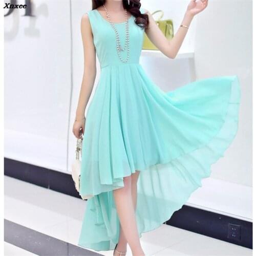 Summer Womens Dress Ladies Chiffon Solid Women Sleeveless Dress Long Dresses O-Neck Causal Beach Party Female Vestidos Xnxee