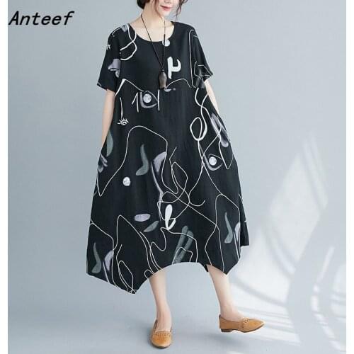 Short sleeve cotton linen vintage floral plus size dresses for women causal loose long woman summer dress elegant clothes 2021