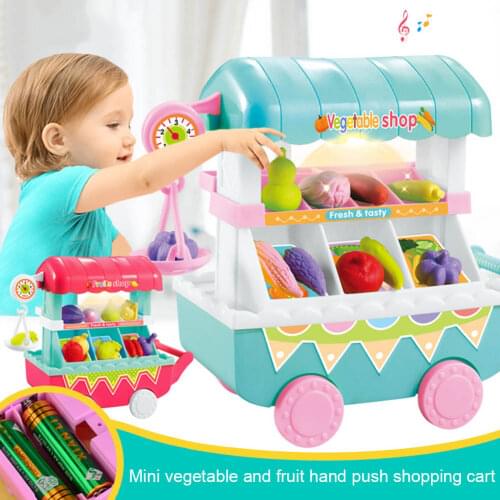 1 Set Children Kids Toy Role Play Vegetables Fruit Shop Cart Pretend Mini Gift with Light Music YH-17