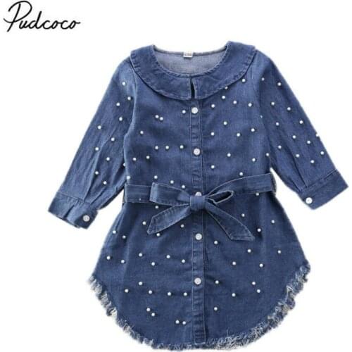 2020 Casual Toddler Kid Baby Girl Clothes Girls Dress Pearls Long Sleeve Dress Denim Dress With Pearl Cute Kids Sundress