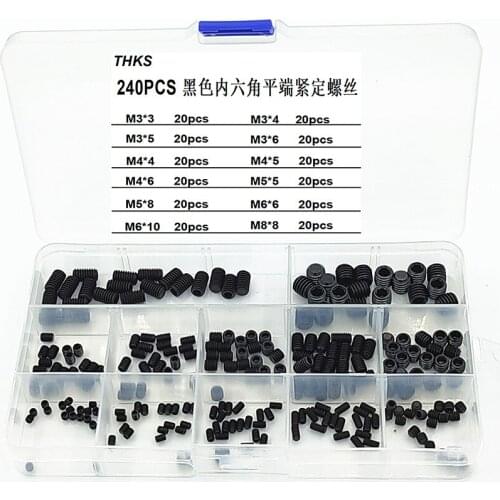 240PCS / Box Black Hexagon Flat Socket Set Screws Hand Screw Set Screws Headless Screws Machine M Screws