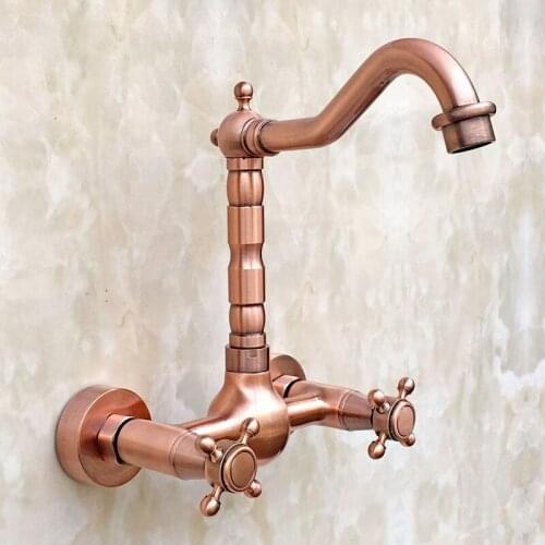 Antique Red Copper Brass Wall Mounted Dual Cross Handles Kitchen Sink Faucet Bathroom Basin Mixer Water Taps Swivel Spout mrg031