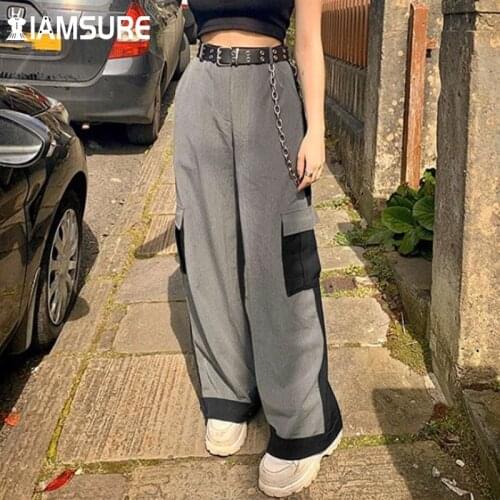 IAMSURE Patchwork Pockets Cargo Pants Loose Mid Waist Trousers Casual Streetwear Wide Leg Pants Women 2021 Fashion Baggy Outfits