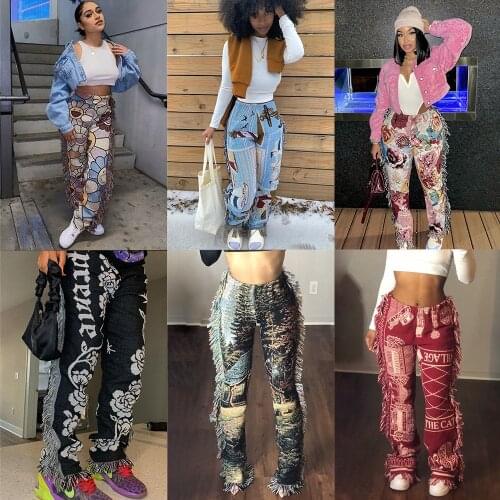 Adogirl 2021 Vintage Straight Pants Fashion Side Tassels High Waist Woman Fashion Floral Print Streetwear Pocket Long Trousers