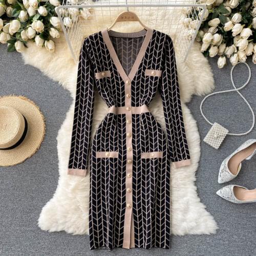 Croysier Office Lady Button Sweater Dress Woman Long Sleeve V Neck Knit Sexy Elegant Bodycon Dress Autumn Winter Women Dresses