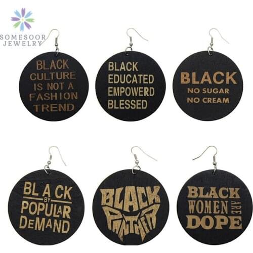 SOMESOOR Photos Carved Black Sayings African Wood Drop Earrings For Dope Empowerd Women Afrocentric Dangle Jewelry 6 Pairs