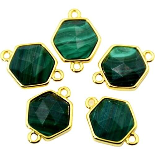 Faceted malachite green Hexagon Gem stone connector gold bezel setting jewelry charms double bail pendant