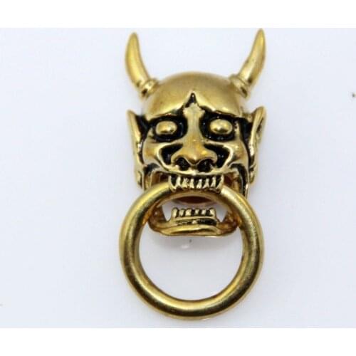 H69) 3pc Solid Brass Concho Japanese Demons Wallet Chain Connector Jointpart w/ Black Leathercraft