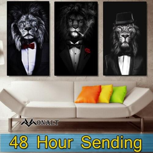 Canvas Painting Abstract Art Animal In a suit lion poster Black and White Picture Living Room Wall Nordic Decorative Paintings