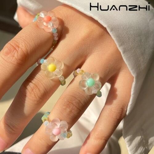 HUANZHI 2021 New Korean Summer Colorful Transparent Acrylic Bead Flower Elastic Adjustable Sweet Rings for Women Jewelry
