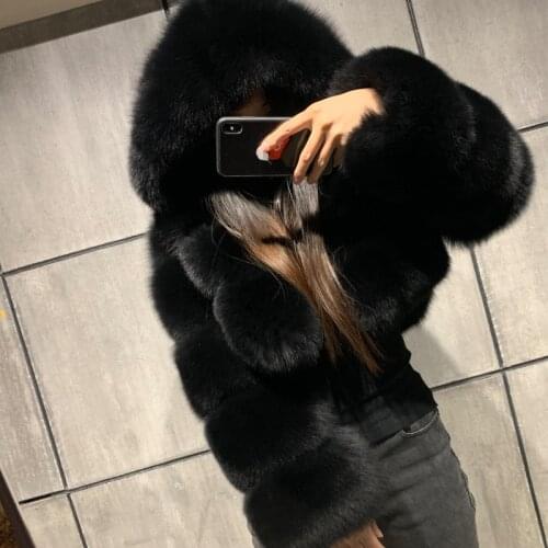 Fashion Hooded Faux Fur Coat Women 2020 Winter Autumn Warm Plus Size 3XL Blue Furry Overcoat Elegant Plush Crop Jacket Femme