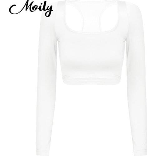 Moily Women Autumn Long Sleeve Crop Top Fashion Back Hollow Out T-shirts Racerback Workout Gym Sports Sexy Club Wear Short Tops