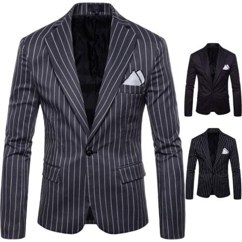 Mens Stripe Jacket Long Sleeve Turn Down Collar One-Button Suit Casual Single-Breasted Slim Type Jacket Coat