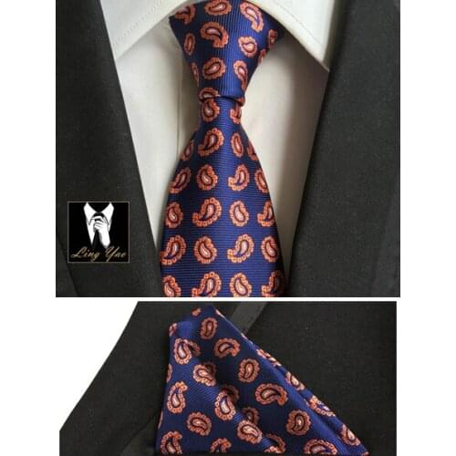 8cm Men Luxury Formal Neck Ties Set with Handkerchief for Bridegroom Wedding Blue with Golden Paisley