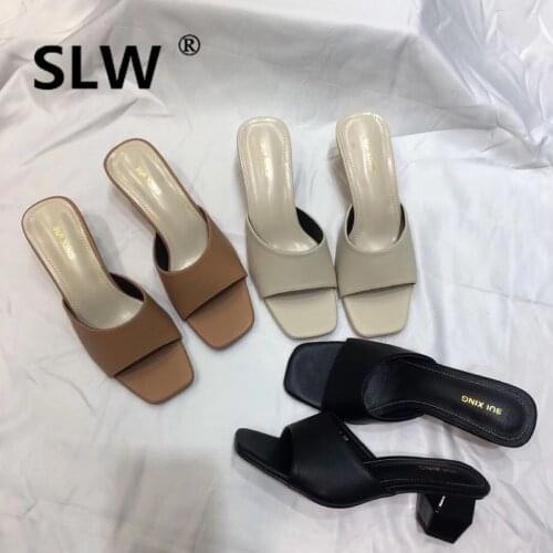 Female Modis New 2021 Leather Med Water Chunky Heel Clogs Platform Brief Slippers Rubber Ladies Korean Summer With Allmatch