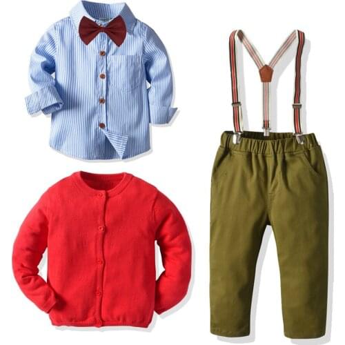 Baby Boys 3pcs Suit for Christmas Party Pure Cotton Children Costume Clothes Kids Striped Blue Shirt Red Cardigan and Long Pants