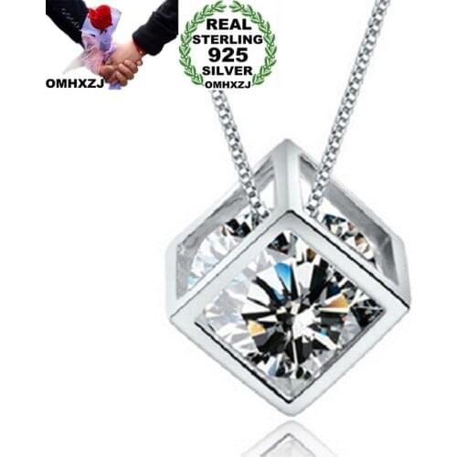 OMHXZJ Wholesale European Fashion Woman Girl Party Gift Cube Amethyst AAA Zircon 925 Sterling Silver Necklace Pendant Charm CA65