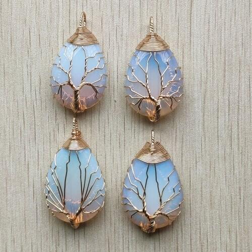 Wholesale 4pcs/lot good quality Gold Color Wire Wrap handmade tree of life drop shape opalite stone pendants free shipping