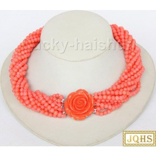 AAA 18" 10row round pink coral beads beads Strand necklace simulated pink coral clasp j9605